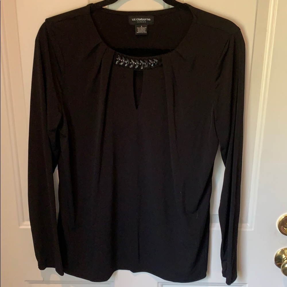 Liz Claiborne black top with jewels at neck